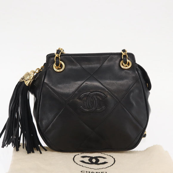 CHANEL Chain Matelasse Shoulder Bag Lamb Skin Black Gold CC Auth 158859V
