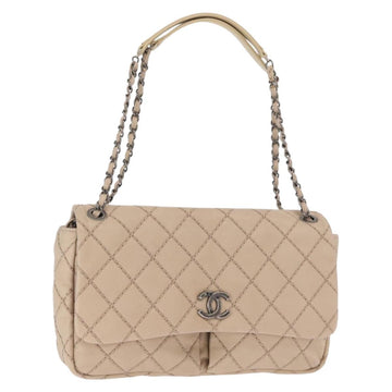 CHANEL Matelasse Chain Shoulder Bag Leather Beige CC Auth 158860