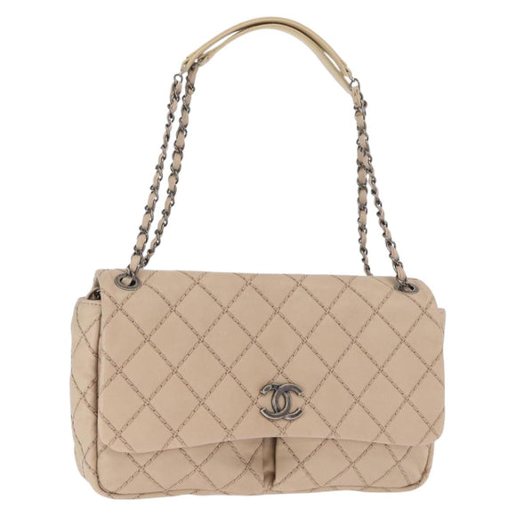 CHANEL Matelasse Chain Shoulder Bag Leather Beige CC Auth 158860