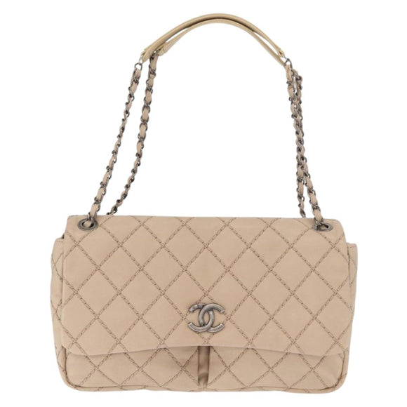 CHANEL Matelasse Chain Shoulder Bag Leather Beige CC Auth 158860