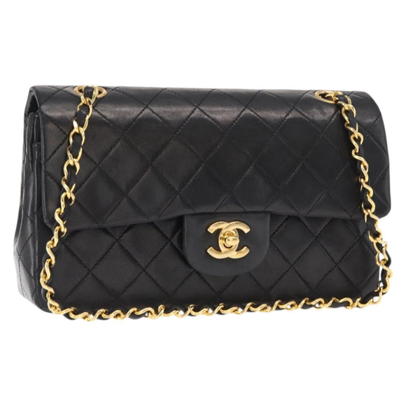 CHANEL Chain Double Flap Matelasse 23 Bag Lamb Skin Black Gold CC Auth 158862SM