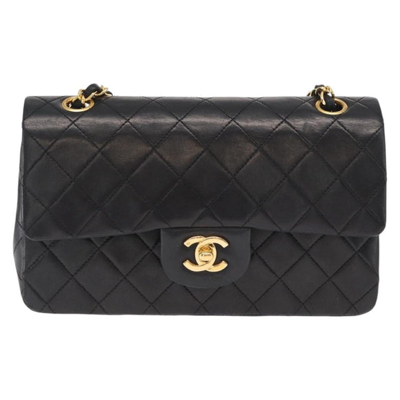 CHANEL Chain Double Flap Matelasse 23 Bag Lamb Skin Black Gold CC Auth 158862SM