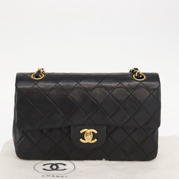 CHANEL Chain Double Flap Matelasse 23 Bag Lamb Skin Black Gold CC Auth 158862SM