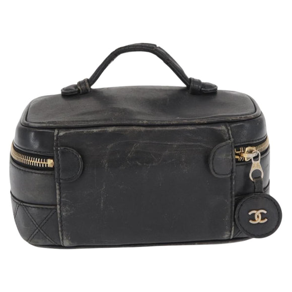 CHANEL Bicolore Vanity Hand Bag Lamb Skin Black Gold CC Auth 158864