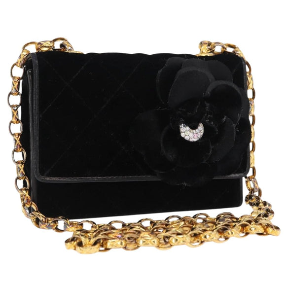 CHANEL Matelasse Chain Camelia Shoulder Bag Velor Black Gold CC Auth 158865V