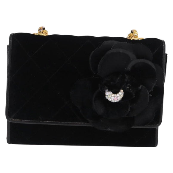 CHANEL Matelasse Chain Camelia Shoulder Bag Velor Black Gold CC Auth 158865V