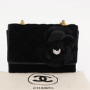 CHANEL Matelasse Chain Camelia Shoulder Bag Velor Black Gold CC Auth 158865V-28