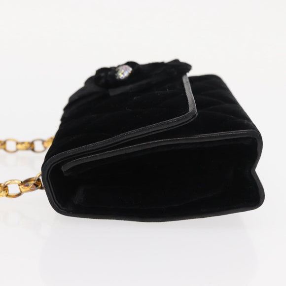 CHANEL Matelasse Chain Camelia Shoulder Bag Velor Black Gold CC Auth 158865V