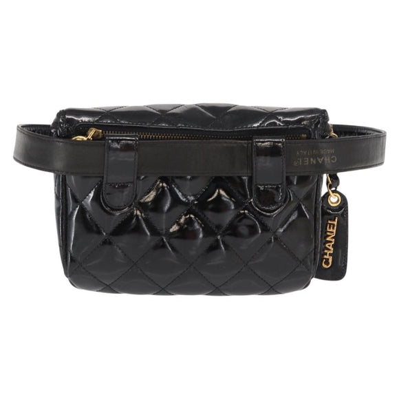 CHANEL Matelasse Waist bag Patent leather Black Gold CC Auth 158866SAV