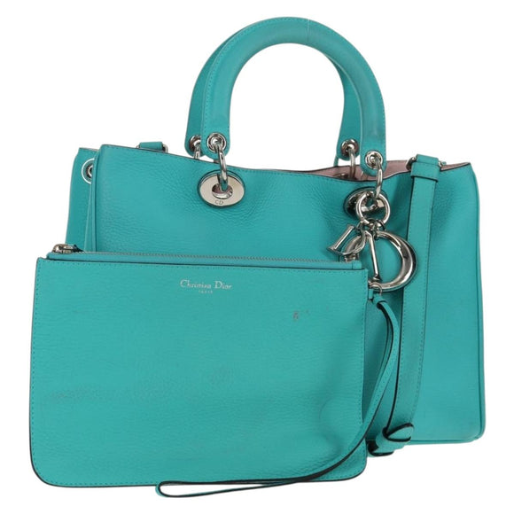 Christian Dior Diorissimo Bag Leather 2way Turquoise Blue Silver Auth 158870V