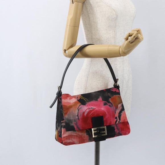 FENDI Zucchino Canvas Mamma Baguette Shoulder Bag Red Gold Auth 158873SM