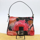 FENDI Zucchino Canvas Mamma Baguette Shoulder Bag Red Gold Auth 158873SM-23