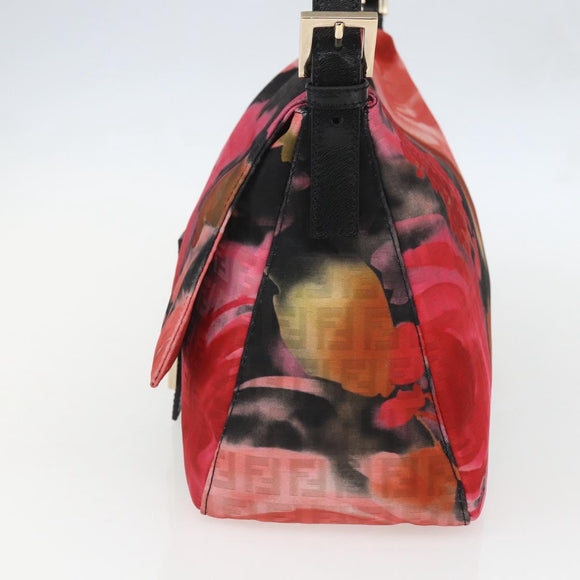 FENDI Zucchino Canvas Mamma Baguette Shoulder Bag Red Gold Auth 158873SM