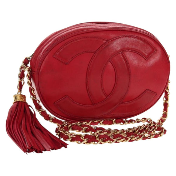 CHANEL Chain Shoulder Bag Lamb Skin Red Gold CC Auth 158878V