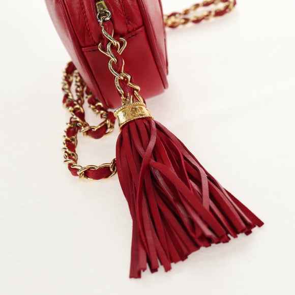 CHANEL Chain Shoulder Bag Lamb Skin Red Gold CC Auth 158878V