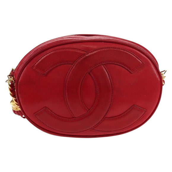 CHANEL Chain Shoulder Bag Lamb Skin Red Gold CC Auth 158878V
