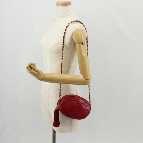 CHANEL Chain Shoulder Bag Lamb Skin Red Gold CC Auth 158878V