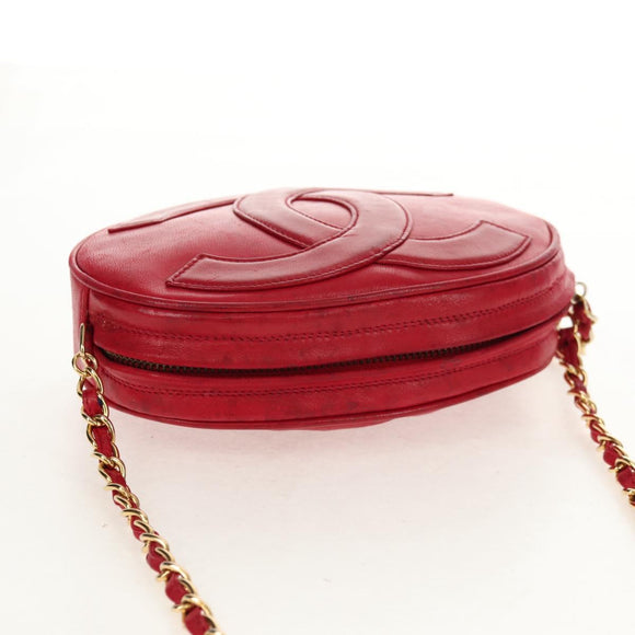 CHANEL Chain Shoulder Bag Lamb Skin Red Gold CC Auth 158878V