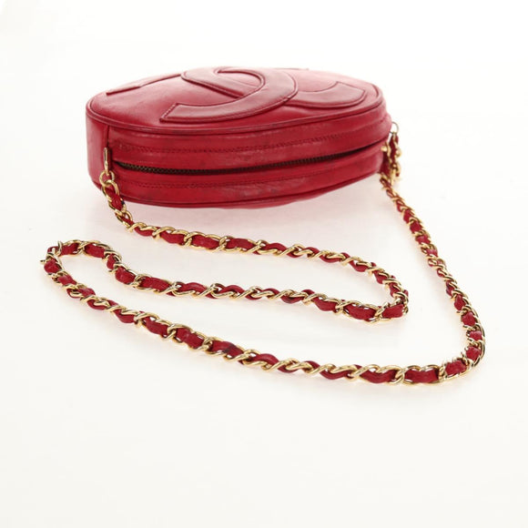 CHANEL Chain Shoulder Bag Lamb Skin Red Gold CC Auth 158878V