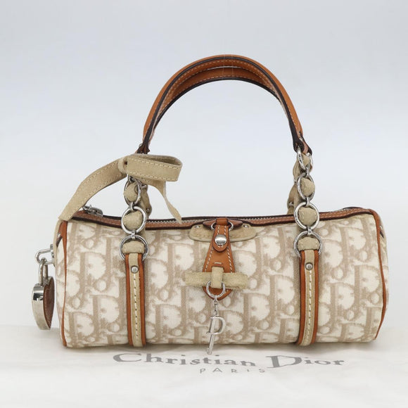 Christian Dior Trotter Canvas Romantic Hand Bag PVC Beige Silver Auth 158880V