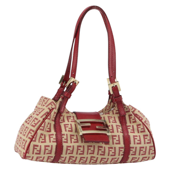 FENDI Zucchino Canvas Mamma Baguette Hand Bag Red Gold Auth 158883V