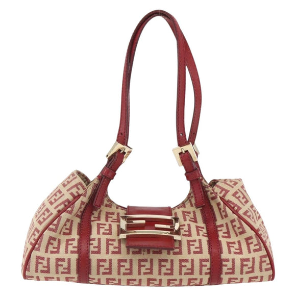 FENDI Zucchino Canvas Mamma Baguette Hand Bag Red Gold Auth 158883V