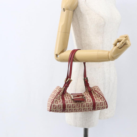 FENDI Zucchino Canvas Mamma Baguette Hand Bag Red Gold Auth 158883V