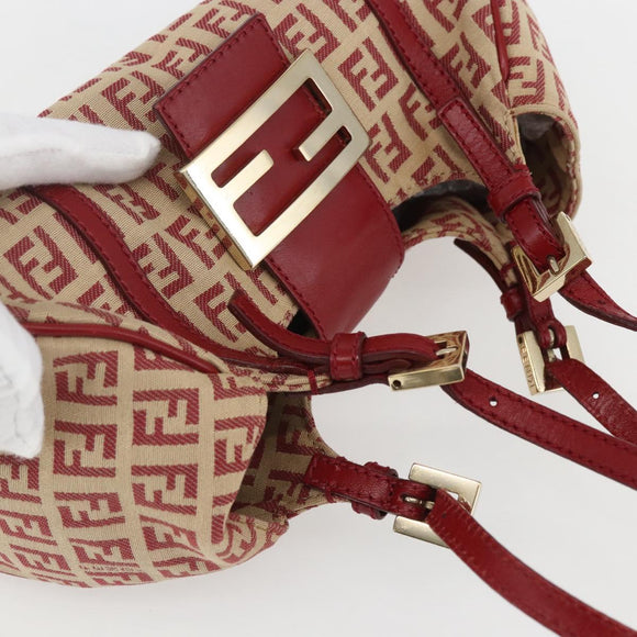 FENDI Zucchino Canvas Mamma Baguette Hand Bag Red Gold Auth 158883V