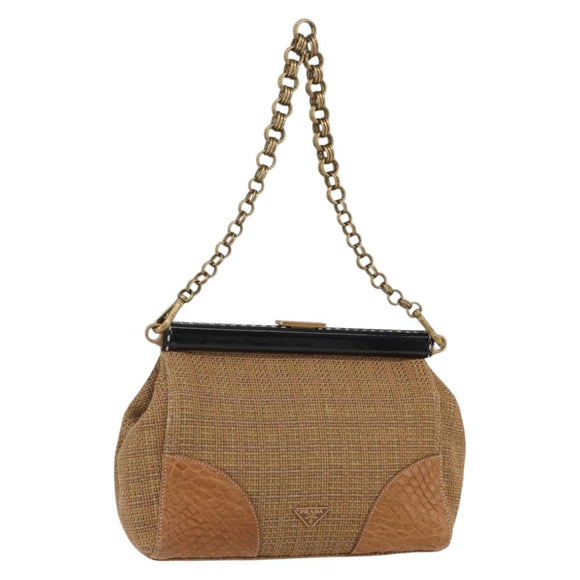 PRADA Chain Shoulder Bag Raffia Beige Gold Auth 158888SAV