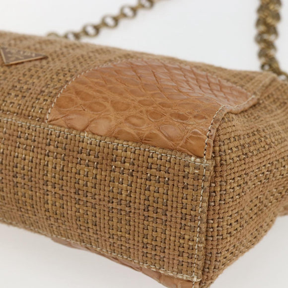 PRADA Chain Shoulder Bag Raffia Beige Gold Auth 158888SAV