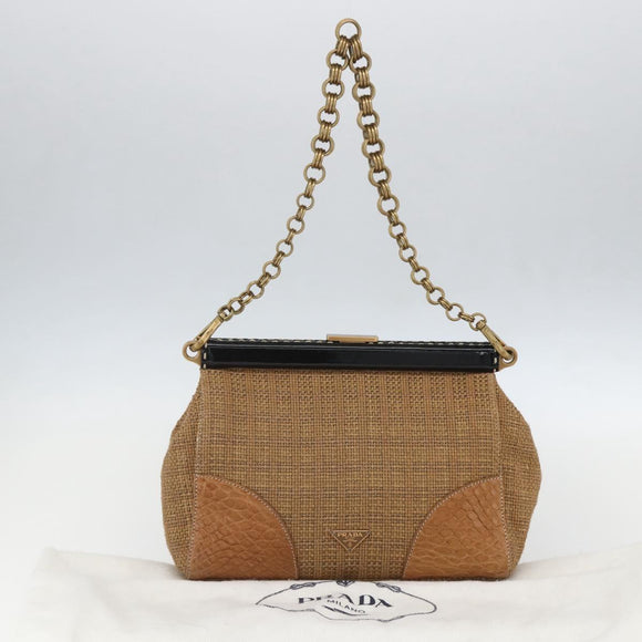 PRADA Chain Shoulder Bag Raffia Beige Gold Auth 158888SAV