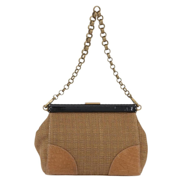 PRADA Chain Shoulder Bag Raffia Beige Gold Auth 158888SAV