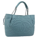 CHANEL Chain Shoulder Bag Caviar Skin Blue Silver CC Auth 158890V-1