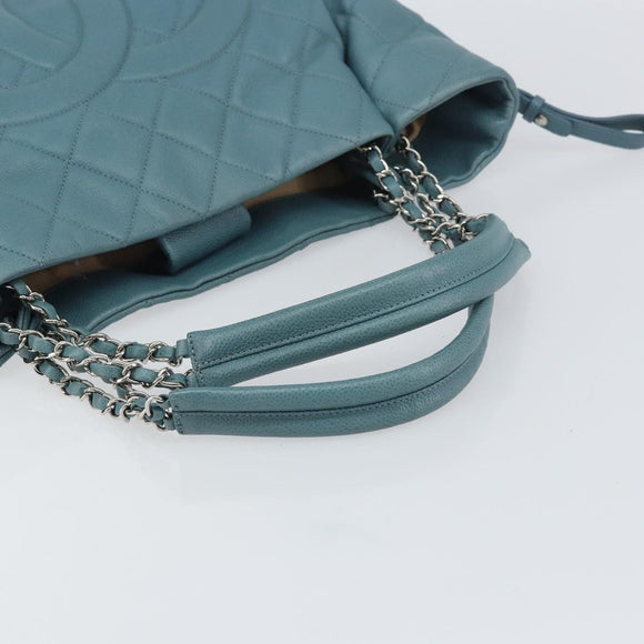 CHANEL Chain Shoulder Bag Caviar Skin Blue Silver CC Auth 158890V