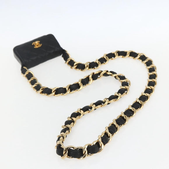 CHANEL Chain Mini Matelasse 11 Shoulder Bag Lamb Skin Black CC Auth 158892SM