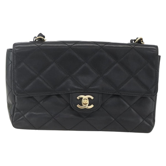 CHANEL Matelasse 25 Chain Shoulder Bag Lamb Skin Black Gold CC Auth 158905SAM