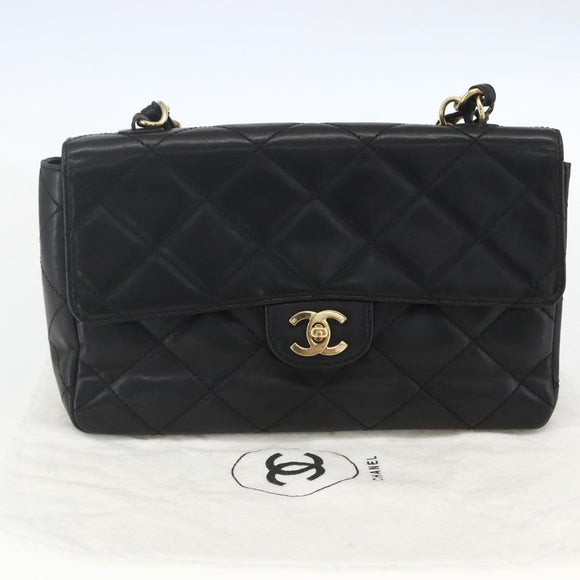 CHANEL Matelasse 25 Chain Shoulder Bag Lamb Skin Black Gold CC Auth 158905SAM
