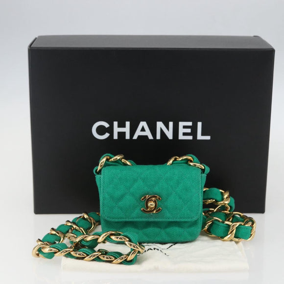 CHANEL Chain Mini Matelasse 11 Shoulder Bag Canvas Green Gold CC Auth 158908SM