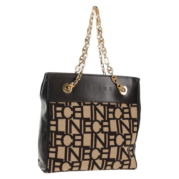 CELINE Blazon Chain Shoulder Bag Canvas Brown Gold Auth 158910V