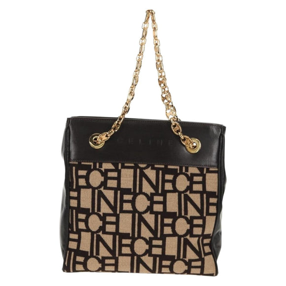 CELINE Blazon Chain Shoulder Bag Canvas Brown Gold Auth 158910V