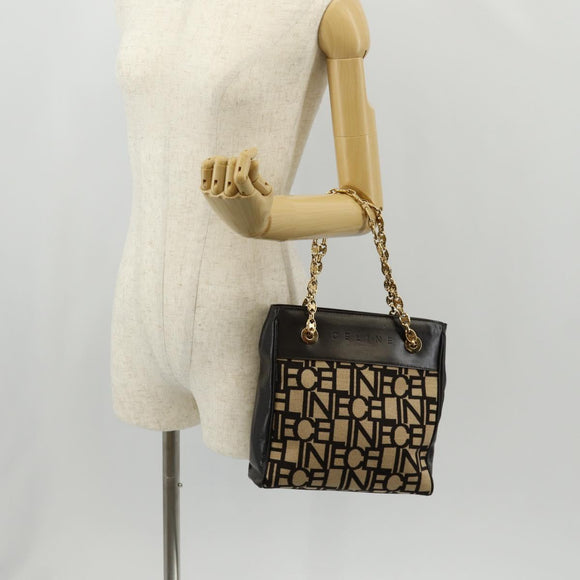 CELINE Blazon Chain Shoulder Bag Canvas Brown Gold Auth 158910V