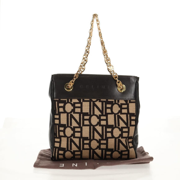 CELINE Blazon Chain Shoulder Bag Canvas Brown Gold Auth 158910V