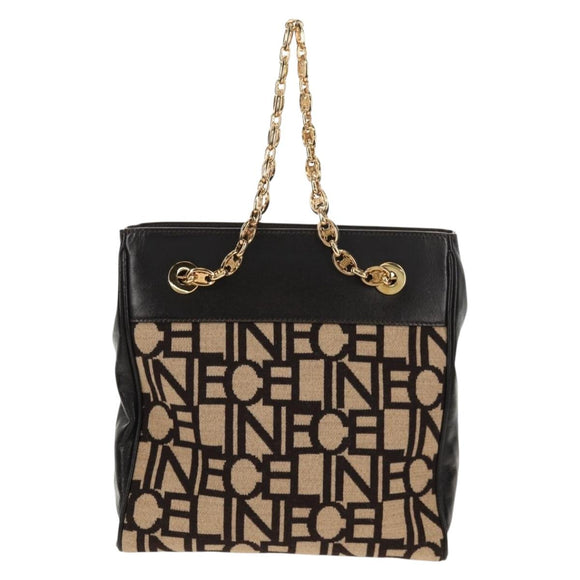 CELINE Blazon Chain Shoulder Bag Canvas Brown Gold Auth 158910V
