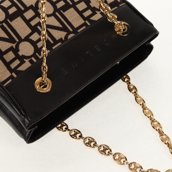 CELINE Blazon Chain Shoulder Bag Canvas Brown Gold Auth 158910V