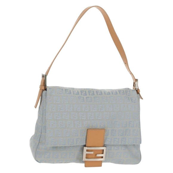 FENDI Zucchino Canvas Mamma Baguette Bag Light Blue Silver Auth 158912SM