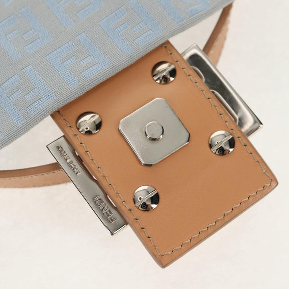 FENDI Zucchino Canvas Mamma Baguette Bag Light Blue Silver Auth 158912SM