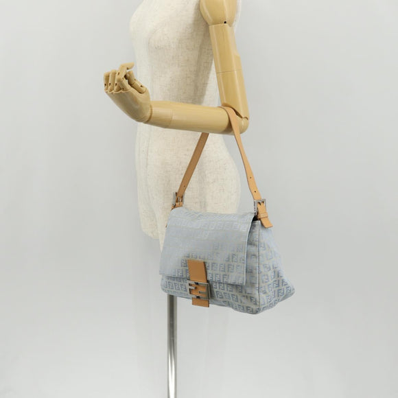 FENDI Zucchino Canvas Mamma Baguette Bag Light Blue Silver Auth 158912SM