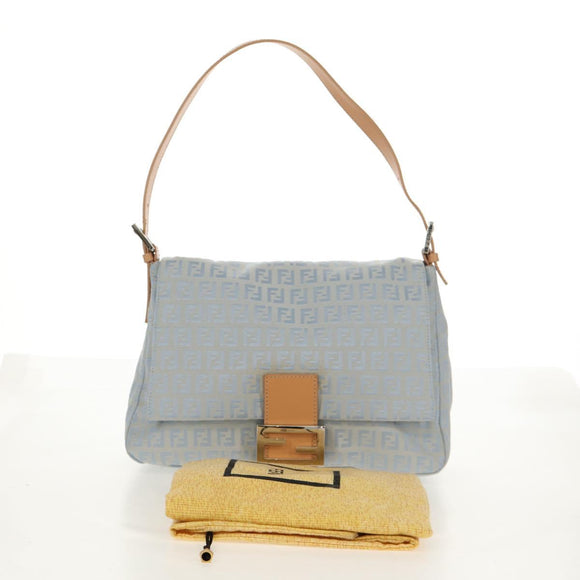 FENDI Zucchino Canvas Mamma Baguette Bag Light Blue Silver Auth 158912SM