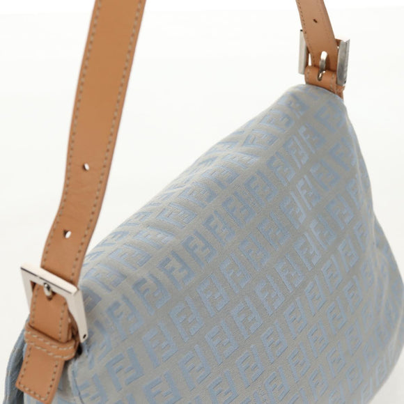 FENDI Zucchino Canvas Mamma Baguette Bag Light Blue Silver Auth 158912SM