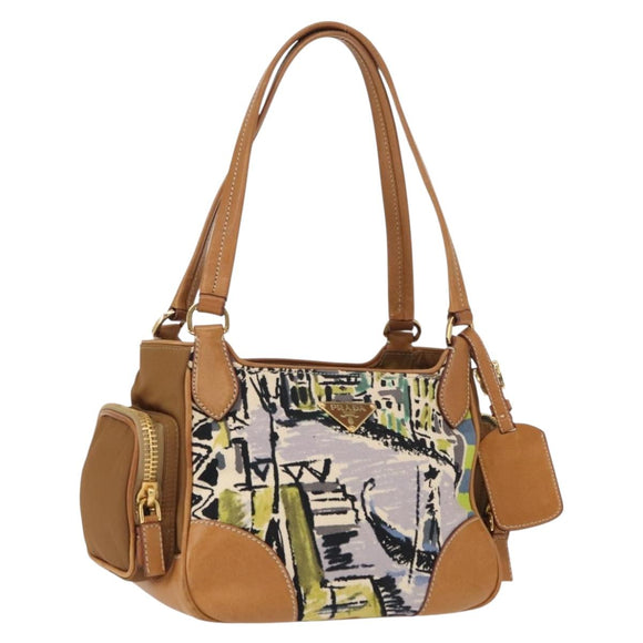 PRADA Shoulder Bag Canvas Brown Gold Auth 158922